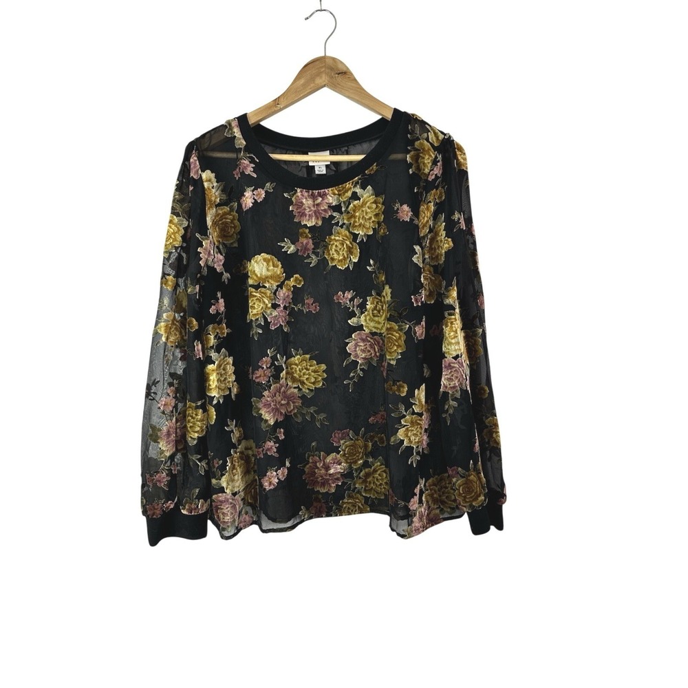 Velvet‎ Burnout Top Dark Floral Sheer Blouse XL Black Romantic Grunge Whimsigoth